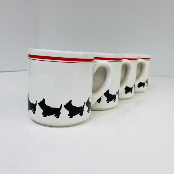 Ceramic Mugs Black Scottish Terrier Dog Pattern & Red Stripe Set of 4 - Picture 6 of 8